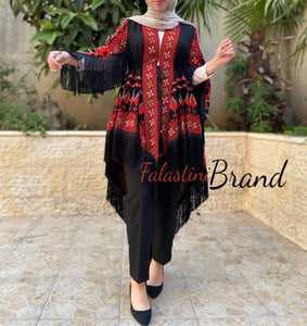 Palestinian Black And Red Embroidered Shawl Blouse Long Version