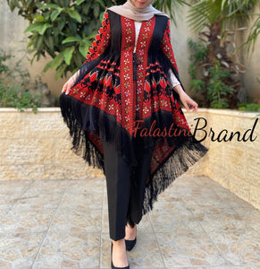 Palestinian Black And Red Embroidered Shawl Blouse Long Version