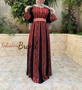 Wonderful Black and Red Lines Embroidered Thoab