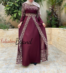 Burgundy Elegant Split Skirt Two Pieces Thob Dress with Golden Embroidery