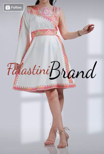 White and Orange And Red Palestinian Embroidered Short Dress