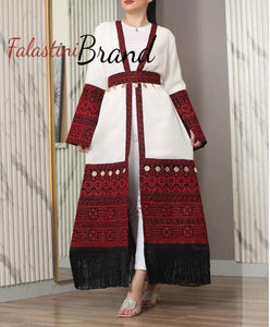 Stylish Long One Size White and Red Palestinian Embroidered Abaya With Coins