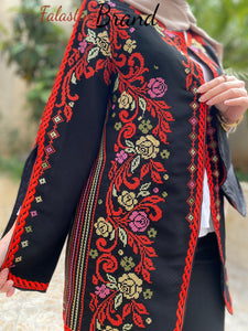 Elegant Floral Palestinian Black And Red Embroidered Jacket