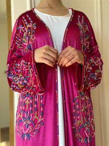 Elegant Fuchsia Handmade Moroccan Open-Front Djellaba with Belt