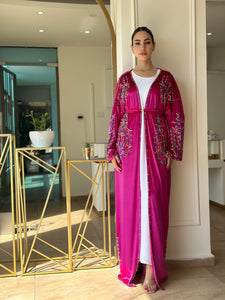 Elegant Fuchsia Handmade Moroccan Open-Front Djellaba with Belt