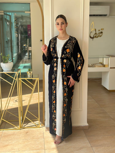 Elegant Midnight Blue Handmade Moroccan Open-Front Djellaba with Belt