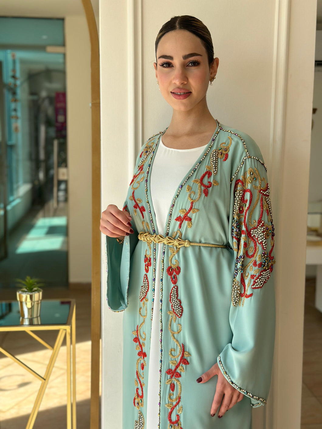 Elegant Cyan Handmade Moroccan Open-Front Djellaba with Belt