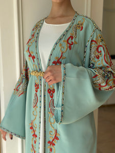 Elegant Cyan Handmade Moroccan Open-Front Djellaba with Belt