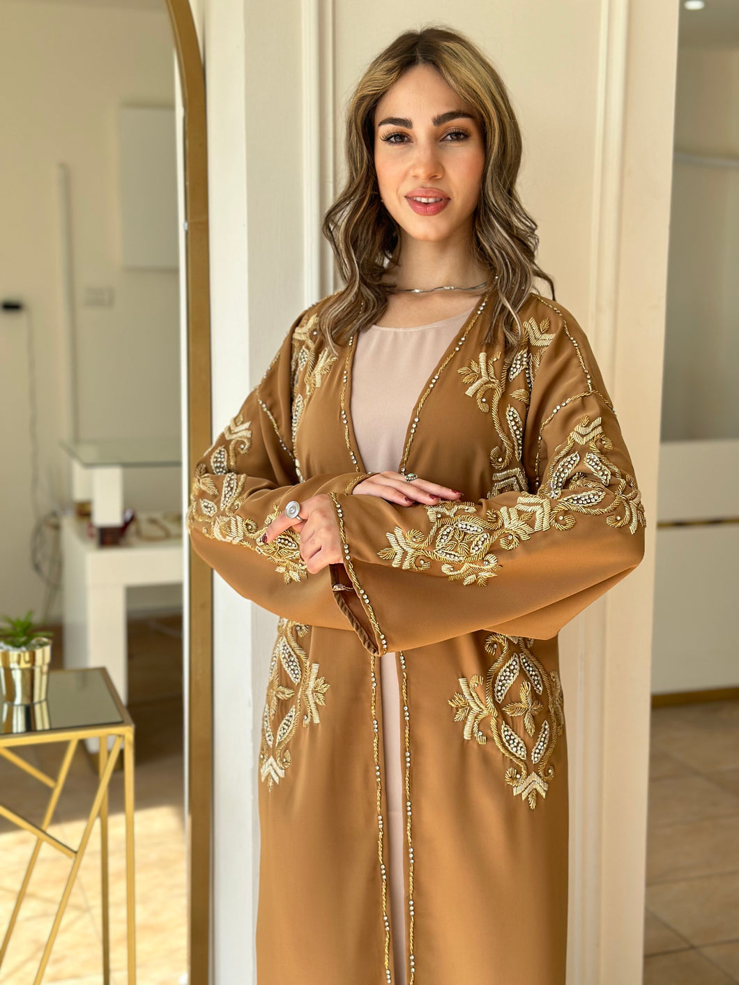 Elegant Khaki Handmade Moroccan Open-Front Djellaba with Belt