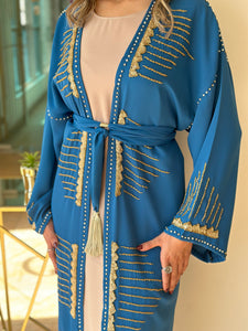 Elegant Teal Blue Handmade Moroccan Open-Front Djellaba with Belt