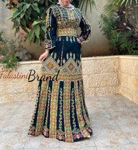 Amazing Dark Green Palestinian Thobe Dress With Astonishing Golden Embroidery And Satin Details