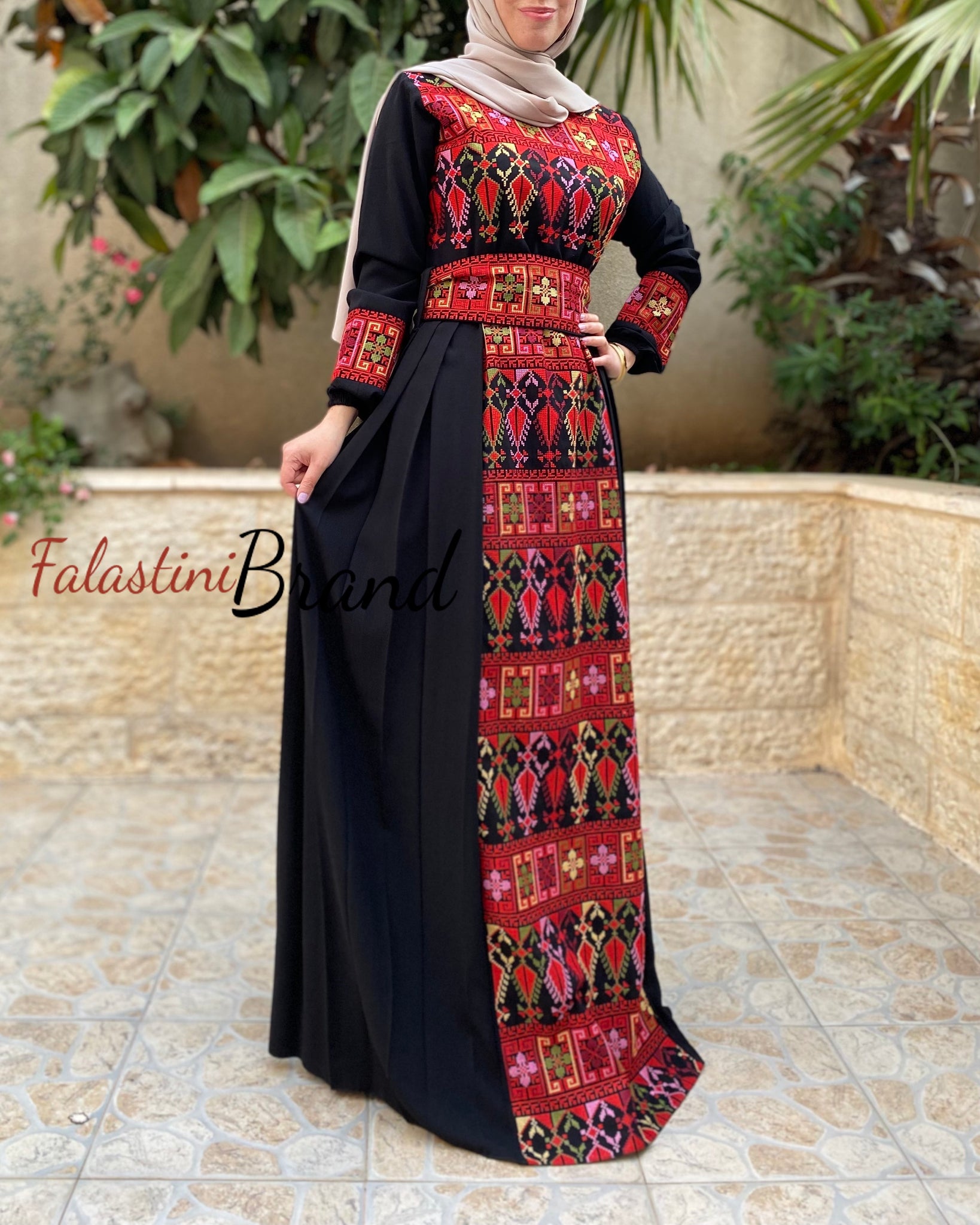 Stylish Black Red Front Embroidered Dress