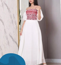 White Off-Shoulder Long Dress with Red Embroidery