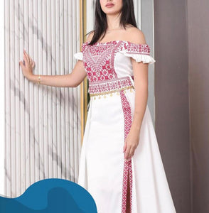 White and Red Off-Shoulder Palestinian Embroidered Satin Dress with Coins Details