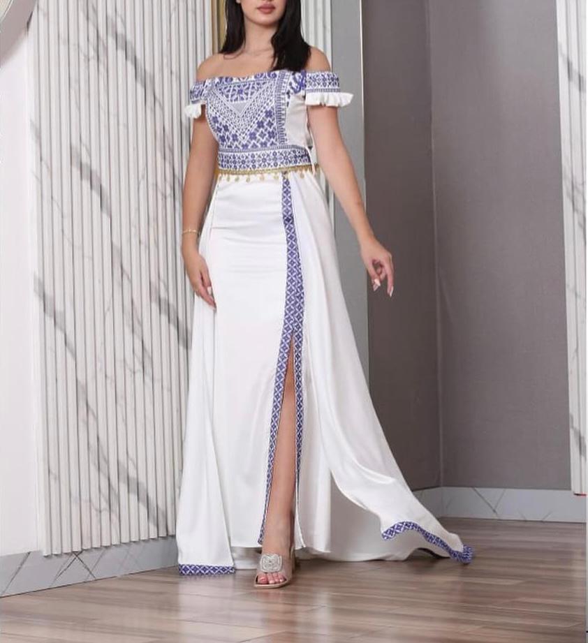White and Blue Off-Shoulder Palestinian Embroidered Satin Dress with Coins Details