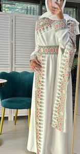 Elegant White And Dark Green With Shoulder Details Embroidered Dress