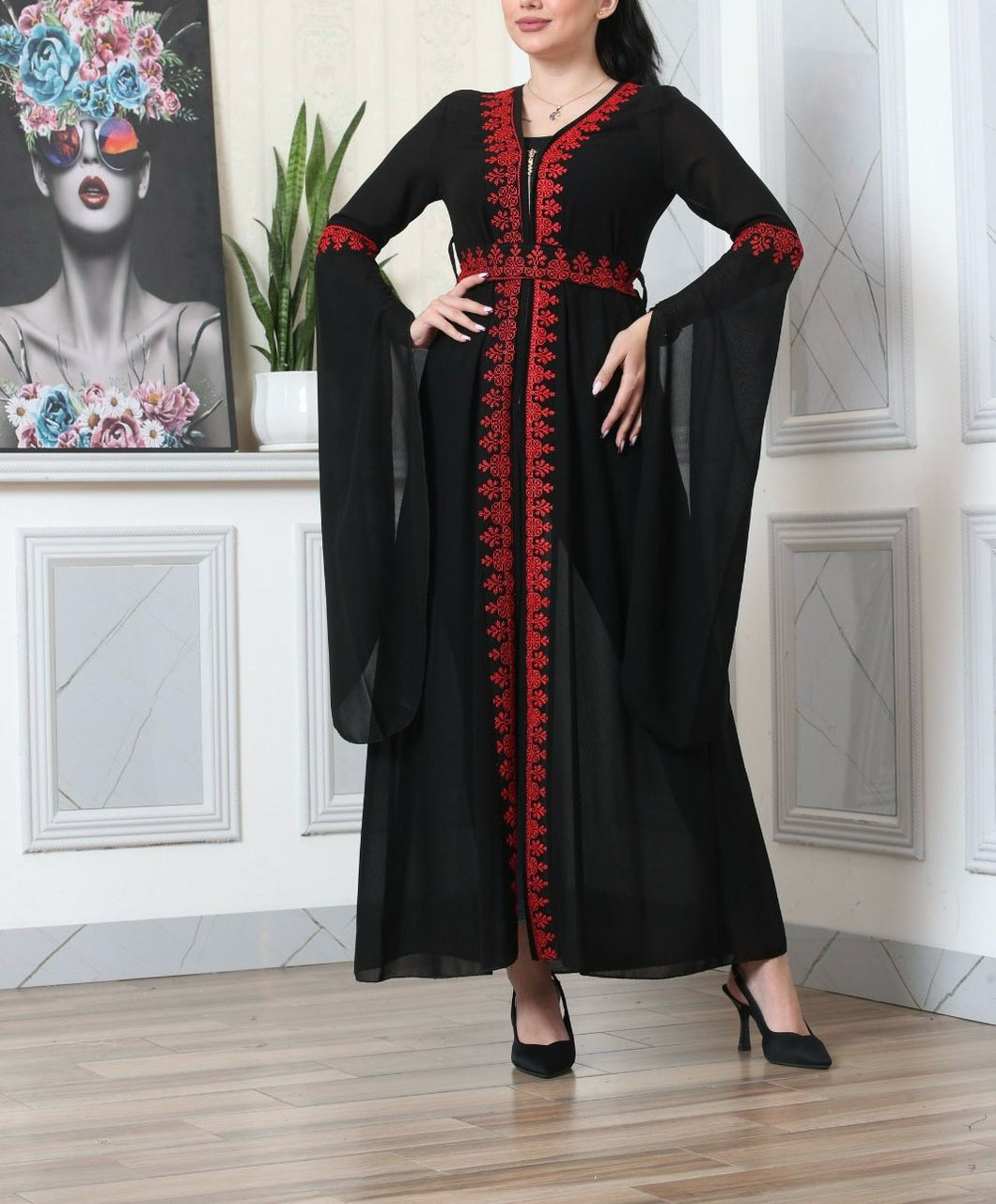 Light Black and Red Chiffon Abaya with Half Zipper Details