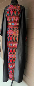 Royal Black Embroidered Dress and Abaya Set with Red Blue and Colored Embroidery