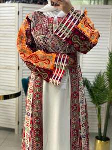 Very Unique White Palestinian Embroidered Dress with Satin and Manajil and Qasab Embroidery Details
