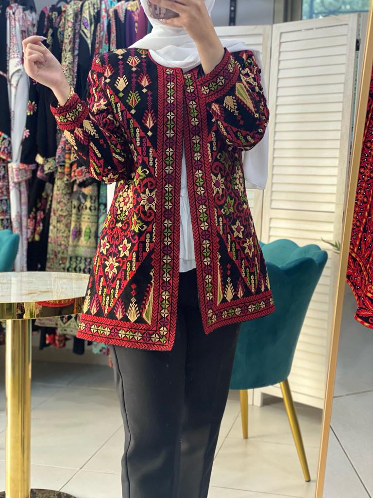 Elegant Palestinian Black And Red Floral Embroidered Jacket