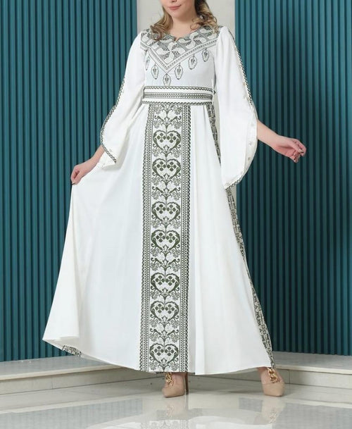 Gorgeous White Satin Dress With Green Embroidery
