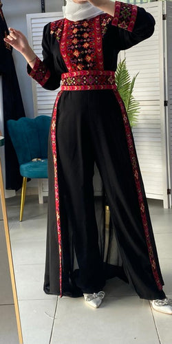 Stylish Black And Red Embroidered Jumpsuit Dress with Palestinian Embroidery