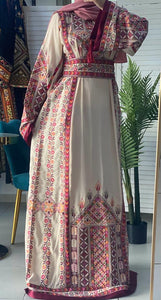 Sparkling Palestinian Embroidered Beige And Burgundy Thobe Dress with Satin Details