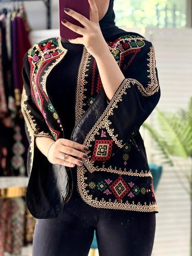 Elegant Palestinian Black And Beige Diamond Embroidered Short Jacket