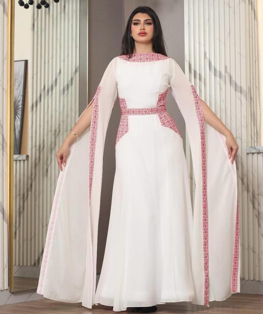 Stunning Off White And Red Royal Sleeve Palestinian Embroidered Dress