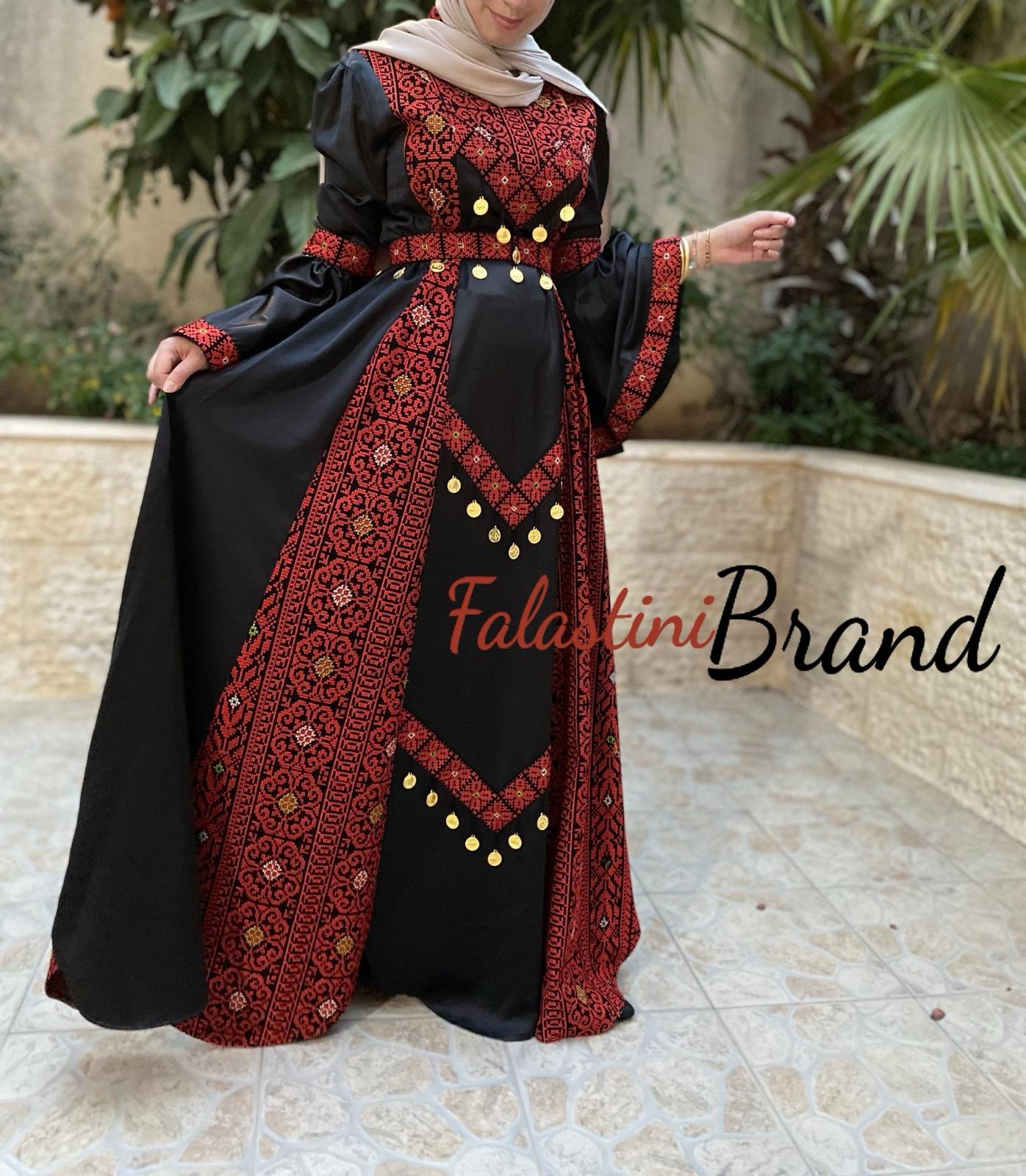 Stunning Satin Black And Red Palestinian Embroidered Extra Cloche Dress Stunning Satin Black And Red Palestinian Embroidered Extra Cloche Dress