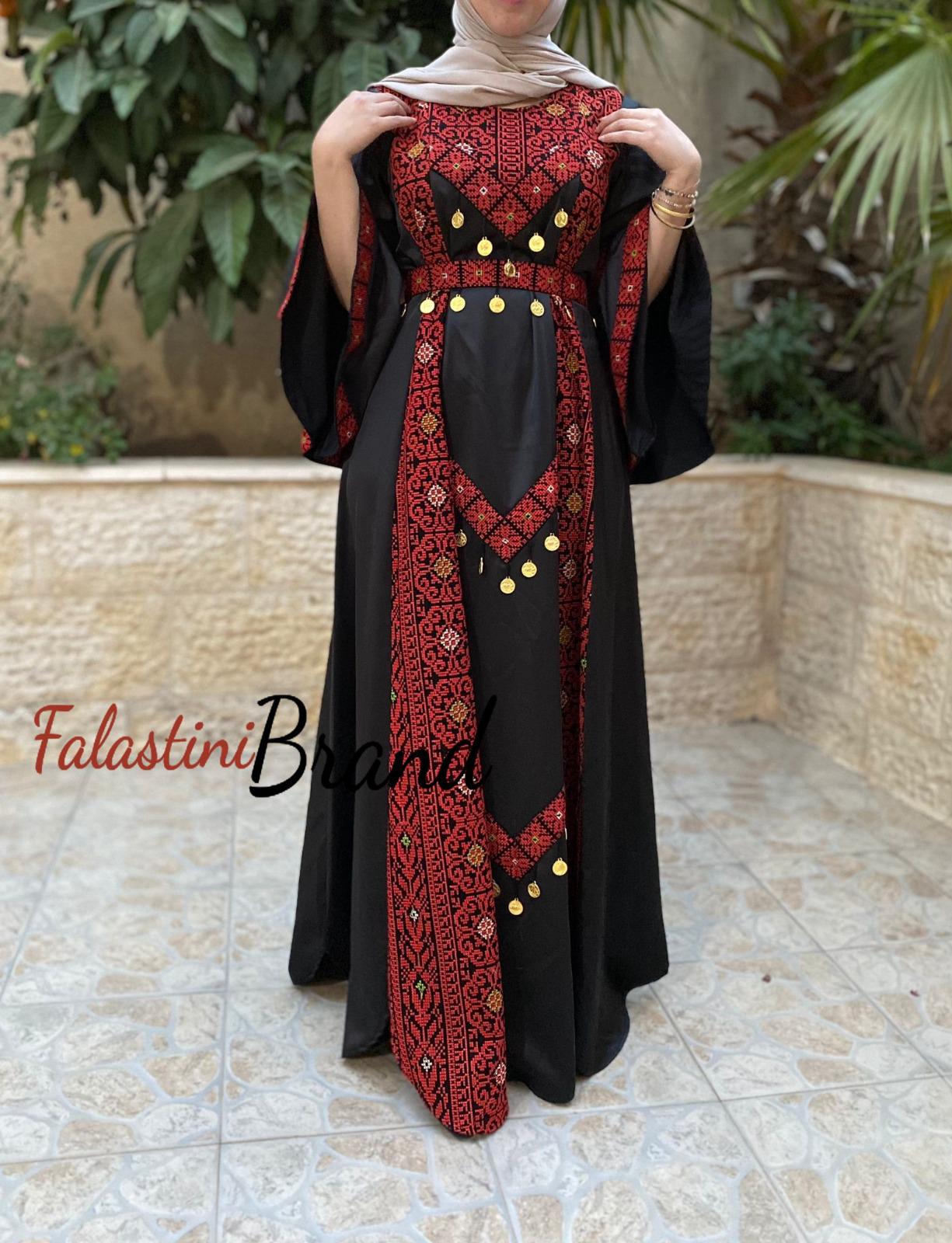 Stunning Satin Black And Red Palestinian Embroidered Extra Cloche Dress stunning-satin-black-and-red-palestinian-embroidered-extra-cloche-dress