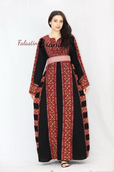Gorgeous Black and Red Full Details Palestinian Embroidered Dress