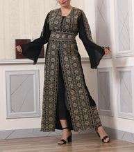 Black and Beige Embroidered Open Abaya Kaftan Maxi Dress Long Split Sleeve