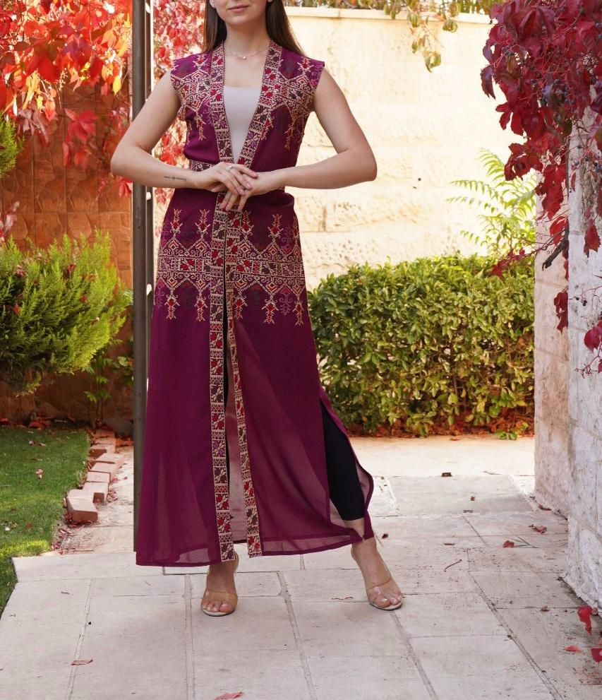 Purple Palestinian Lite Georgette Embroidered Long Vest Abaya 46/(XXL) Purple Palestinian Lite Georgette Embroidered Long Vest Abaya 46/(XXL)