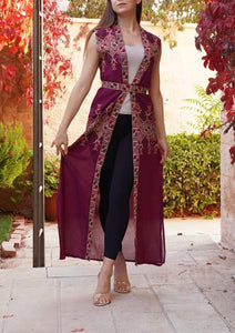 Purple Palestinian Lite Georgette Embroidered Long Vest Abaya