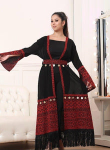 Stylish Long One Size Black and Red Palestinian Embroidered Abaya With Coins