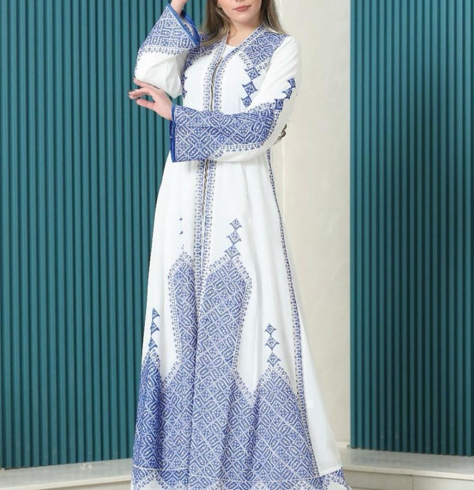 Off-White And Blue Palestinian Embroidered Kaftan Dress