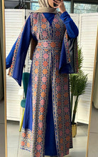 Royal Blue and Beige Chiffon Floral Embroidered Open Abaya Kaftan  Long Split Sleeve
