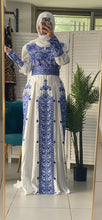 Royal White Dress with Unique Blue Embroidery and Long Tail