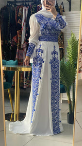 Royal White Dress with Unique Blue Embroidery and Long Tail