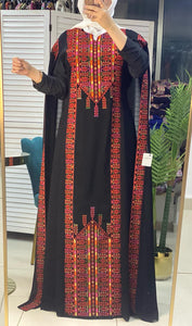 Stylish Black and Red Palestinian Embroidered Abaya Chiffon Dress with Back Layer