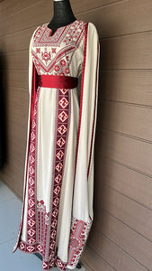 Stunning Off-White And Burgundy Royal Sleeve Palestinian Embroidered Dress