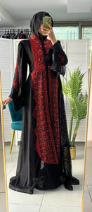 Wonderful Palestinian Black & Red Embroidered Abaya with Half Zipper Details