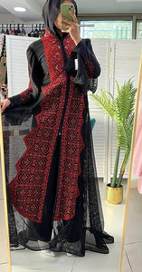 Wonderful Palestinian Black & Red Embroidered Abaya with Half Zipper Details
