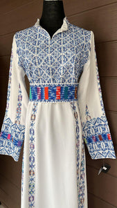 Unique Royal White And Blue Palestinian Embroidered Thob Dress