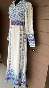 Unique Royal White And Blue Palestinian Embroidered Thob Dress