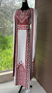 Stunning White And Red Royal Sleeve Palestinian Embroidered Dress
