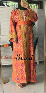 Luxurious Melon Diamond Embroidered Abaya with Golden Thread Details
