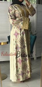 Luxurious Beige Diamond Embroidered Abaya with Golden Thread Details