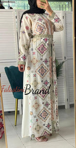 Stylish Off White and Colorful Georgette Diamond Embroidered Open Abaya Kaftan